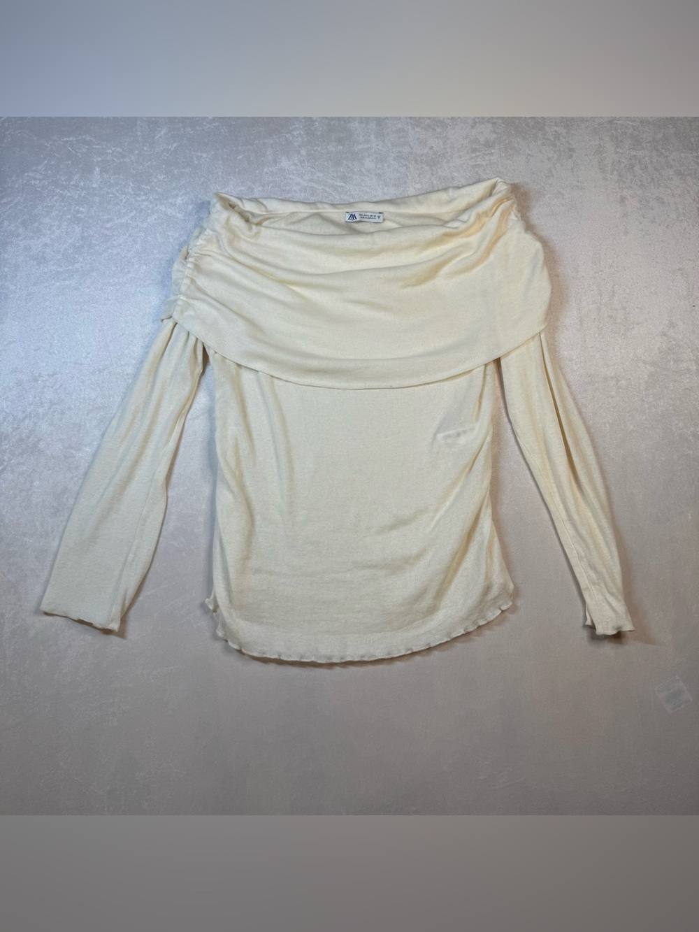 White Zara Off-The-Shoulder Top, Soft Draped Neckline, Side Gathering
